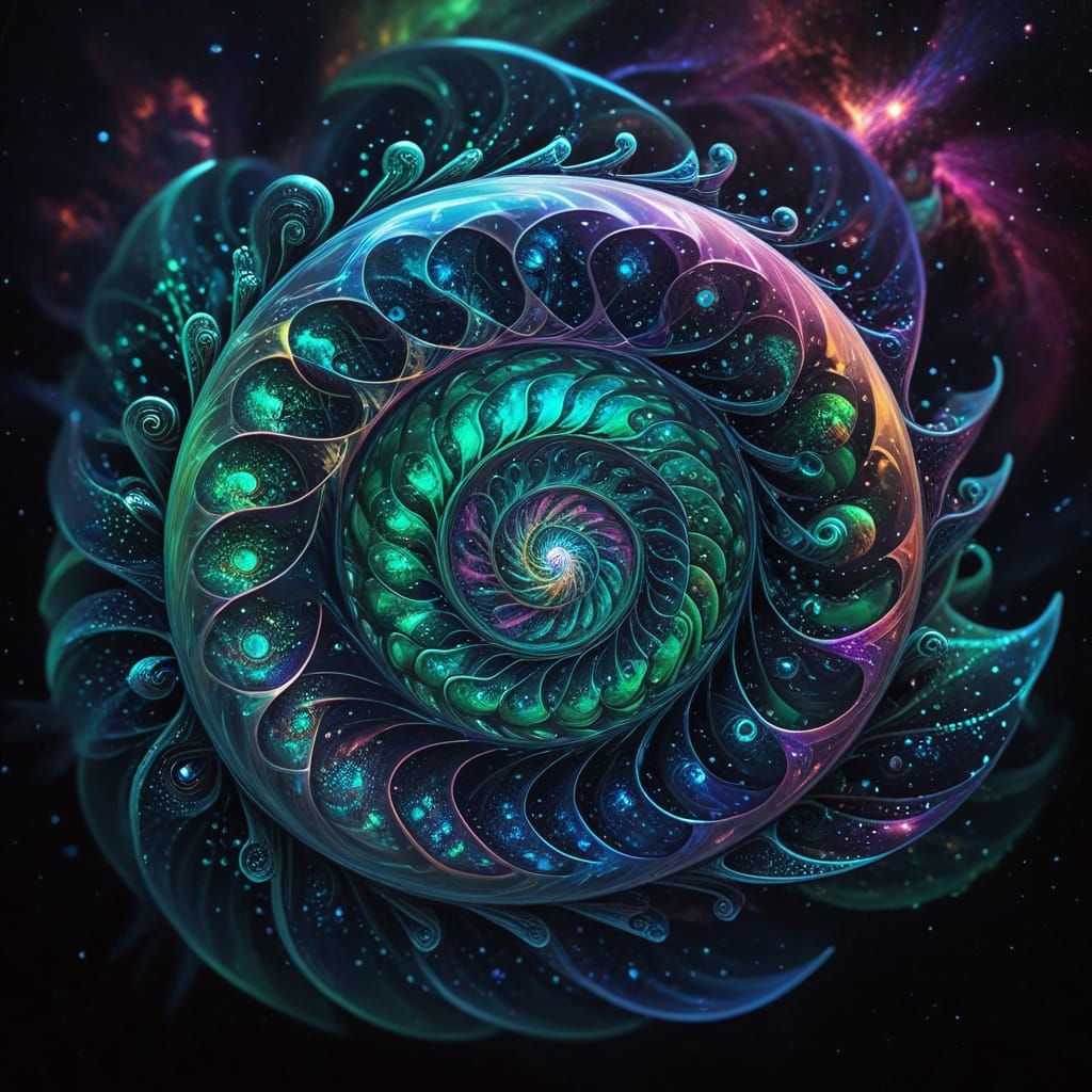 Cosmic Conch Shell Mandala in Shimmering Colors