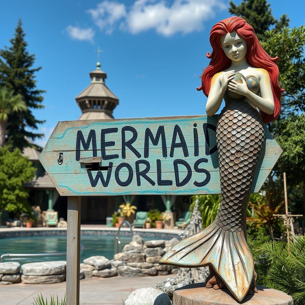 Abandoned Water Park Sign with Handmade Mermaid Worlds Scrip...