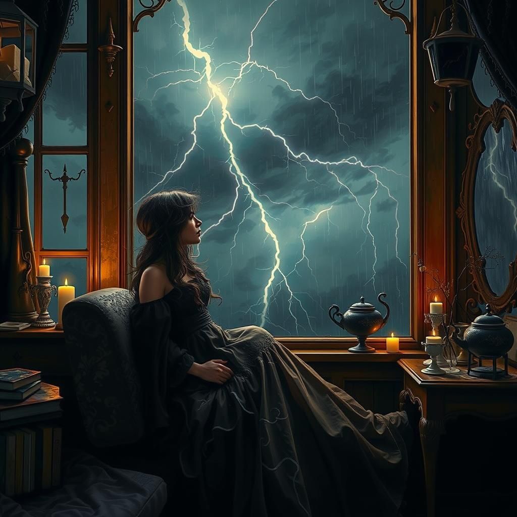 Ethereal Woman Gazing at Storm in Dark Fantasy