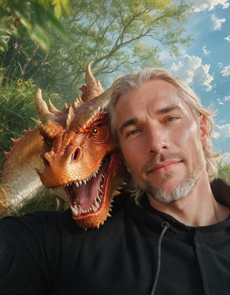 Man and Dragon in Golden Meadow: Digital Portrait