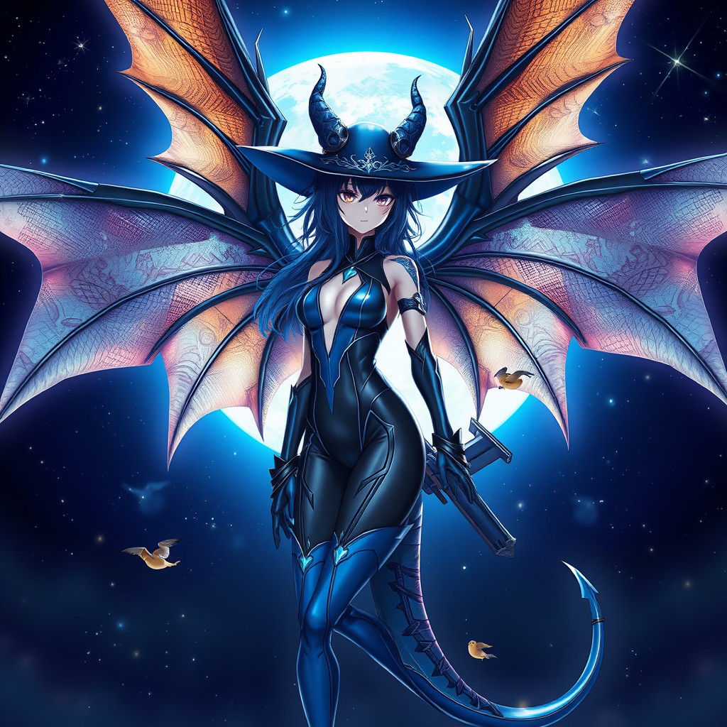 Anime Witch with Dragon Wings in Starry Night
