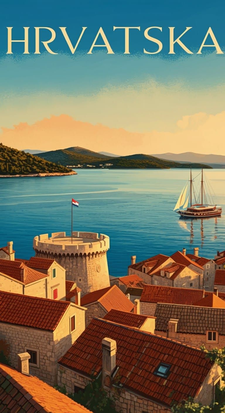 Korčula Coastline with Hrvatska Sky Text, in Folk Art Style