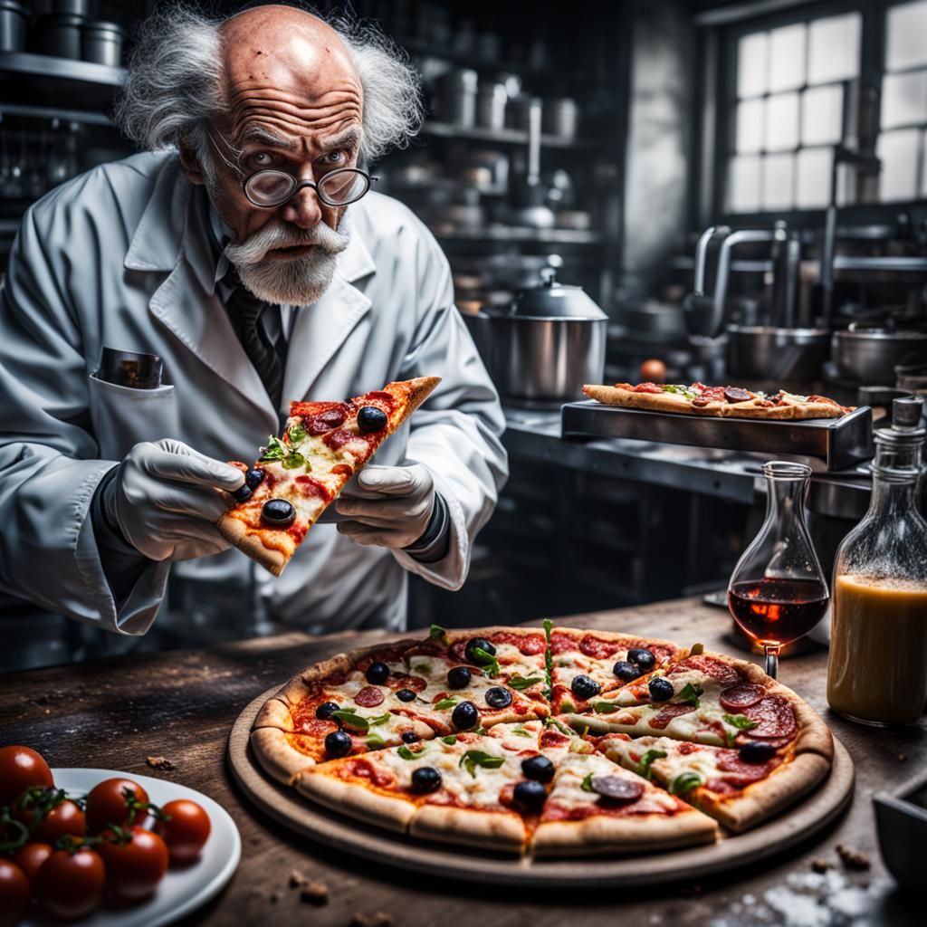 Hyperrealistic Mad Scientist Enjoys Pizza Slice