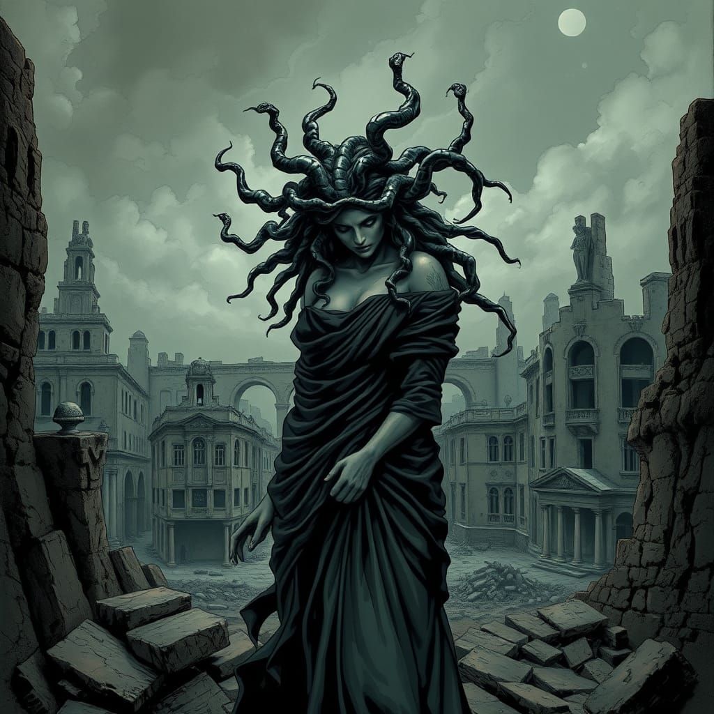 Mournful Medusa Surveys Ruined Cityscape in Comic Book Style