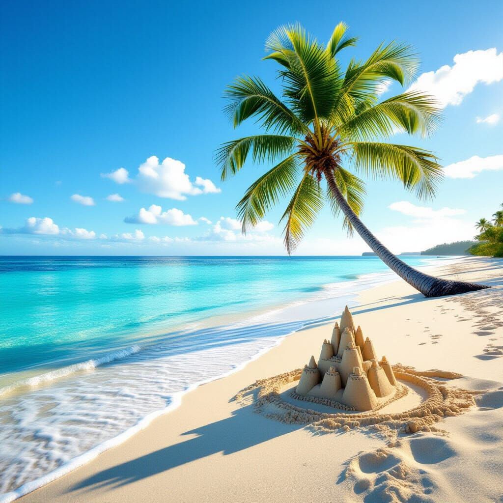 Tropical Beach Paradise with Palm Tree and Sandcastle