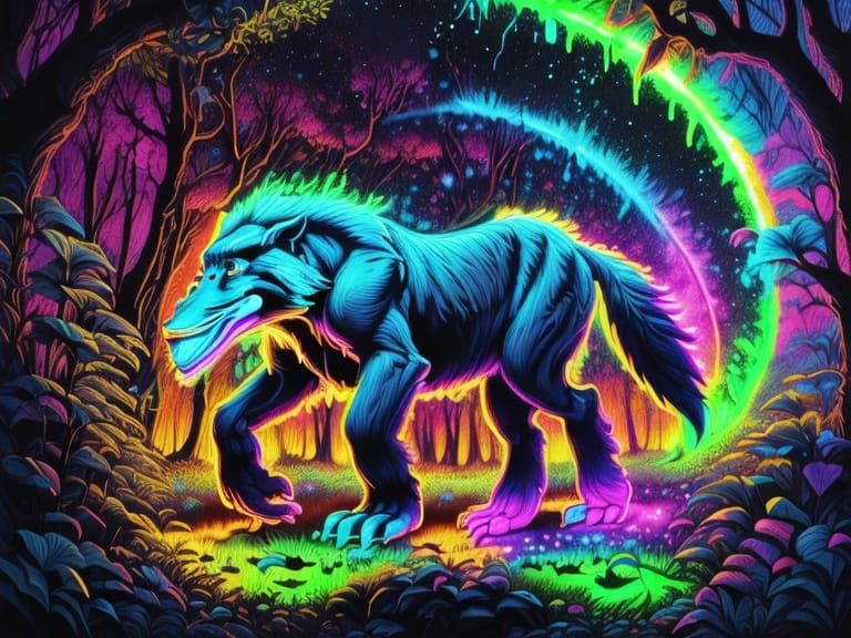 Bigfoot in Neon Bioluminescent Forest