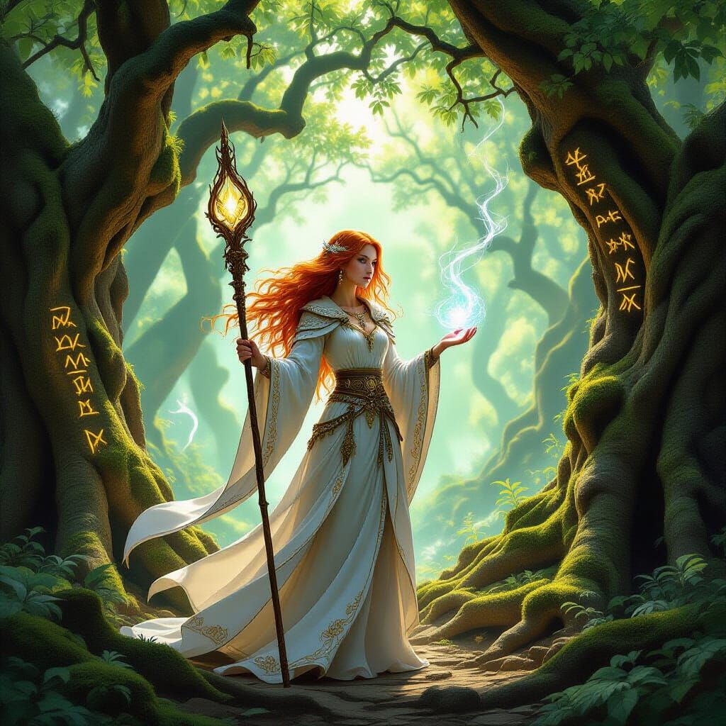 Fantasy Mage in Sacred Grove with Mystical Staff