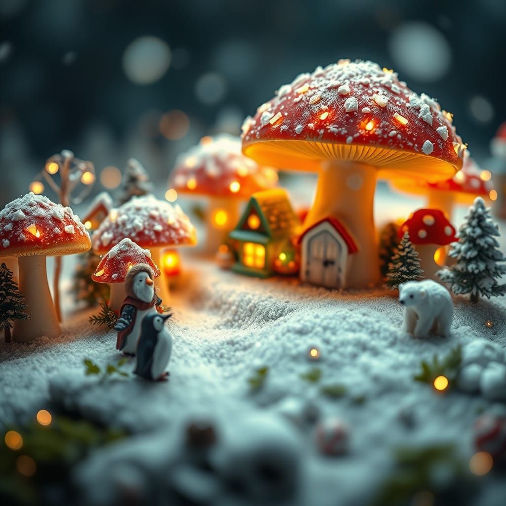 an incredibly tiny microscopic  mushroom village, gnomes wit...