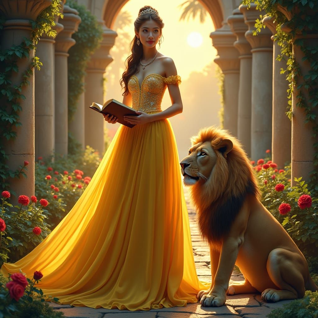 Princess with Lion in Hyper-Realistic Matte Painting