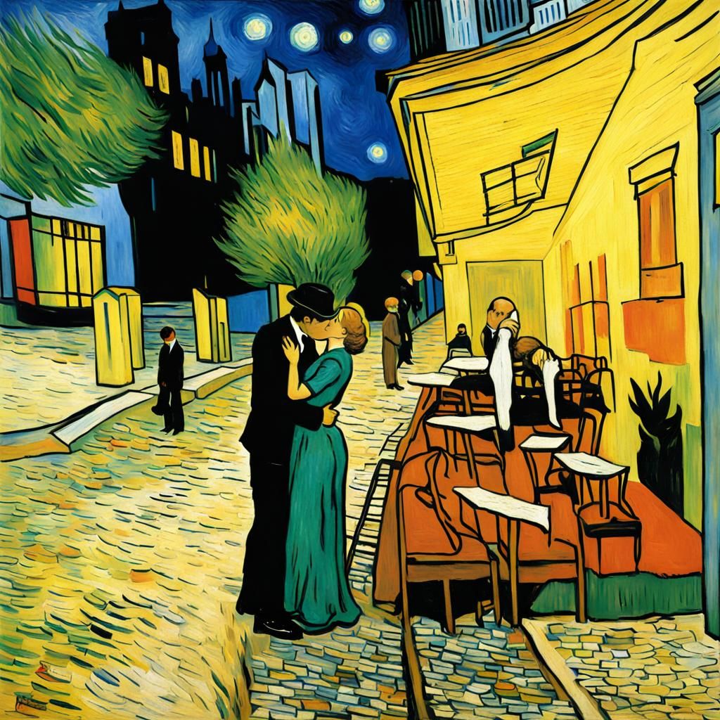 Romantic Kiss in Post-Impressionist Style