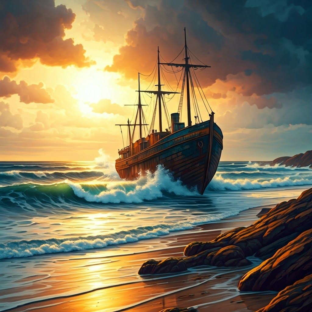 Dramatic Shipwreck in Watercolor Style