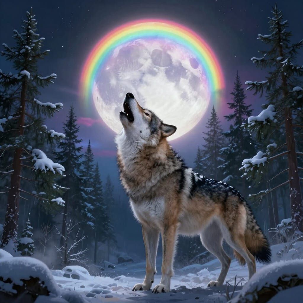 Wolf Howling at Giant Rainbow Moon in Mystical Forest
