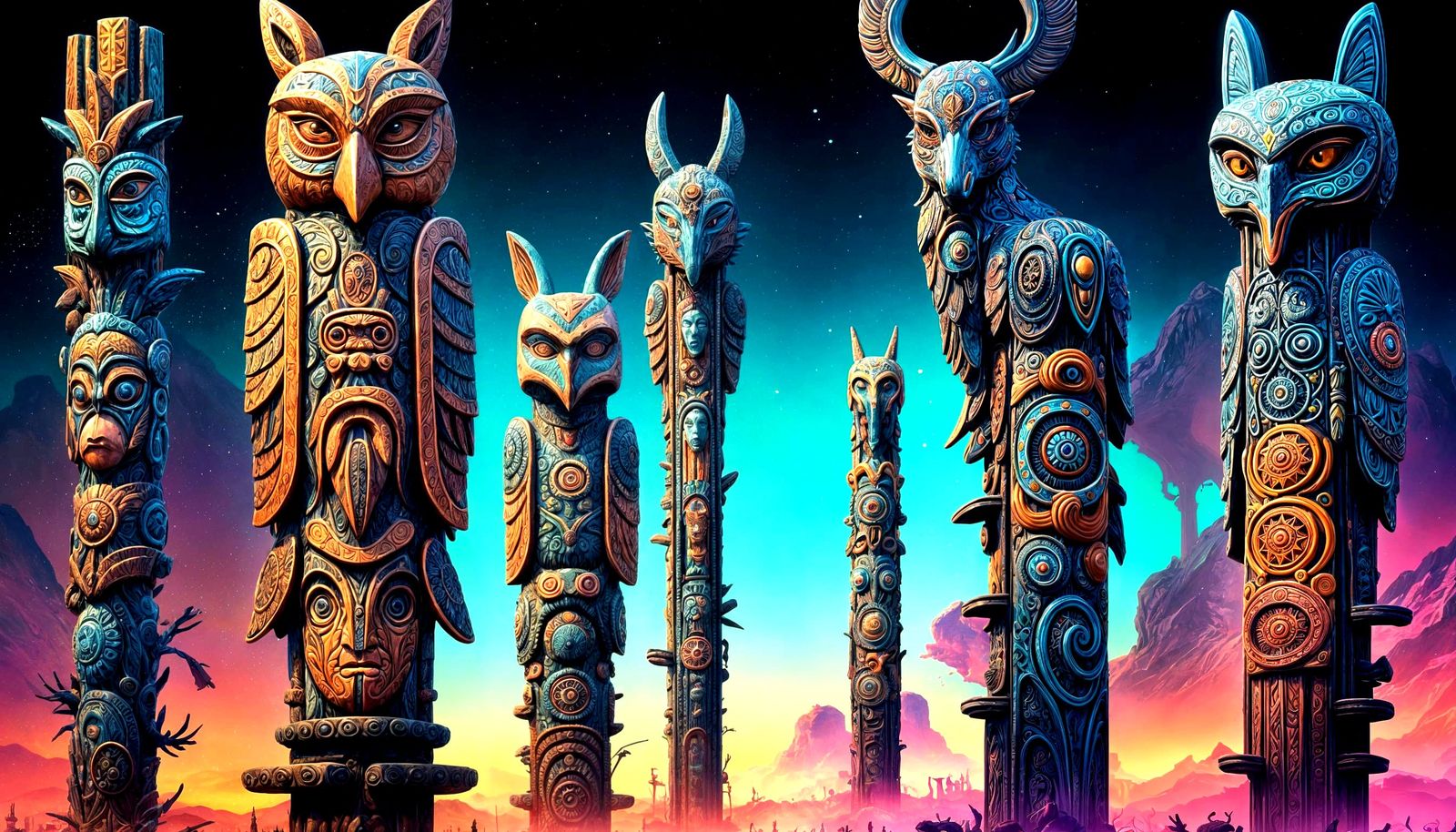 Neon Glass Totem Poles with Strange Carvings