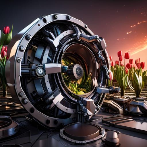 CT Machine Surrounded by Tulips in Sci-Fi Style