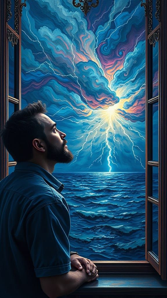 Man in Deep Contemplation while watching a Thunderstorm thro...