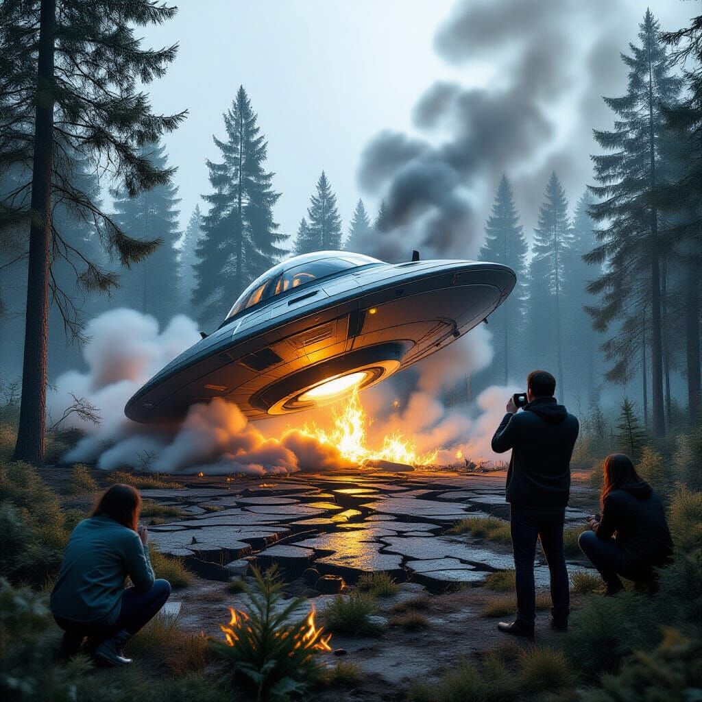 UFO Crashed in Realistic Spruce Forest with Onlookers