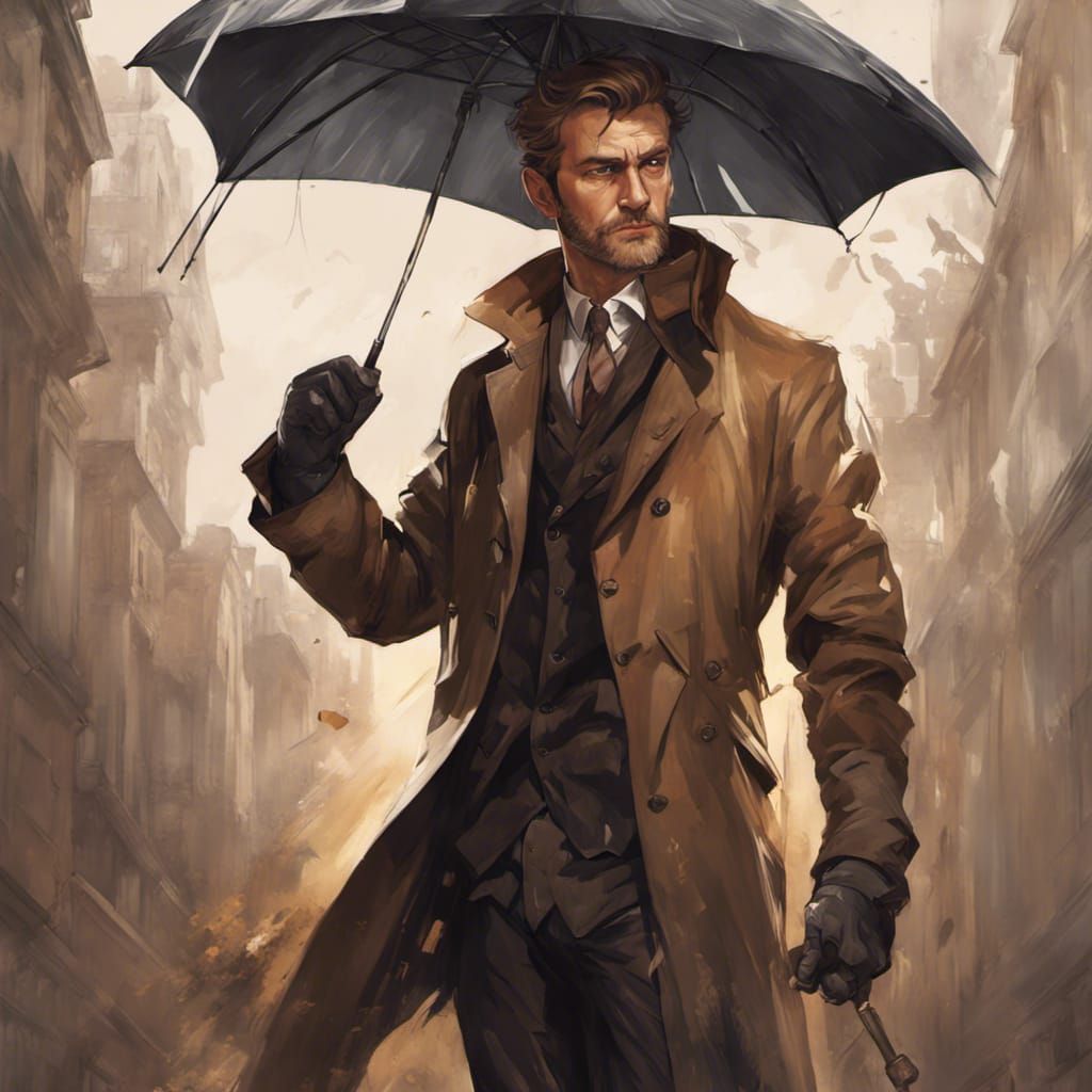 German Man Portrait with Umbrella in Detailed Digital Art