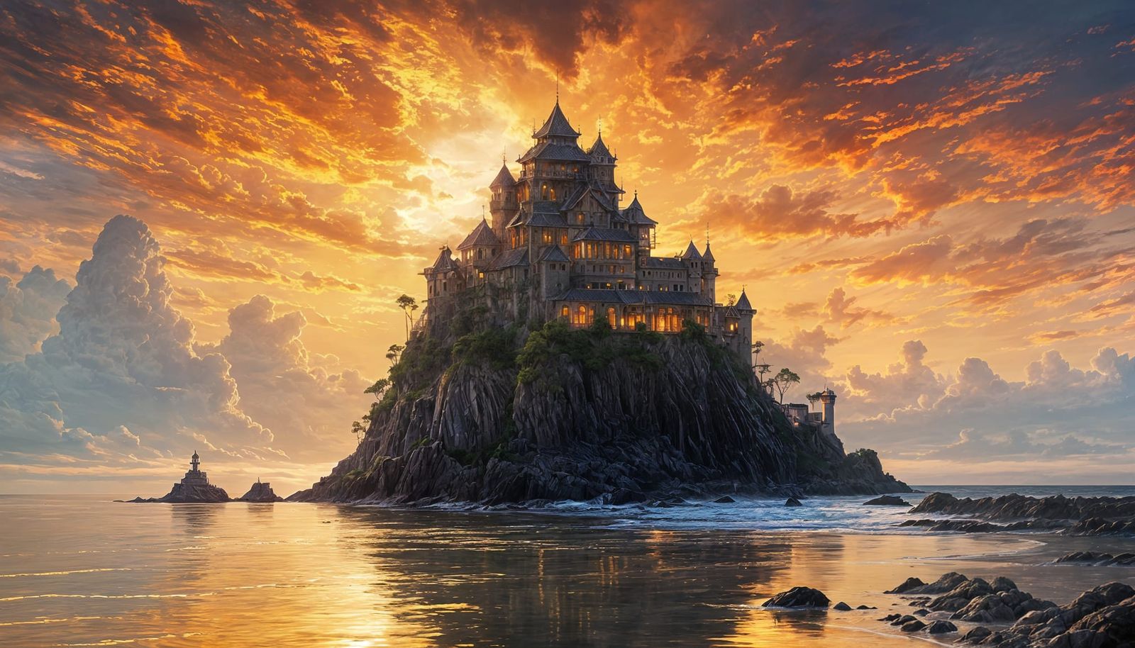 Coastal Sunset with Castle Rising from the Sea