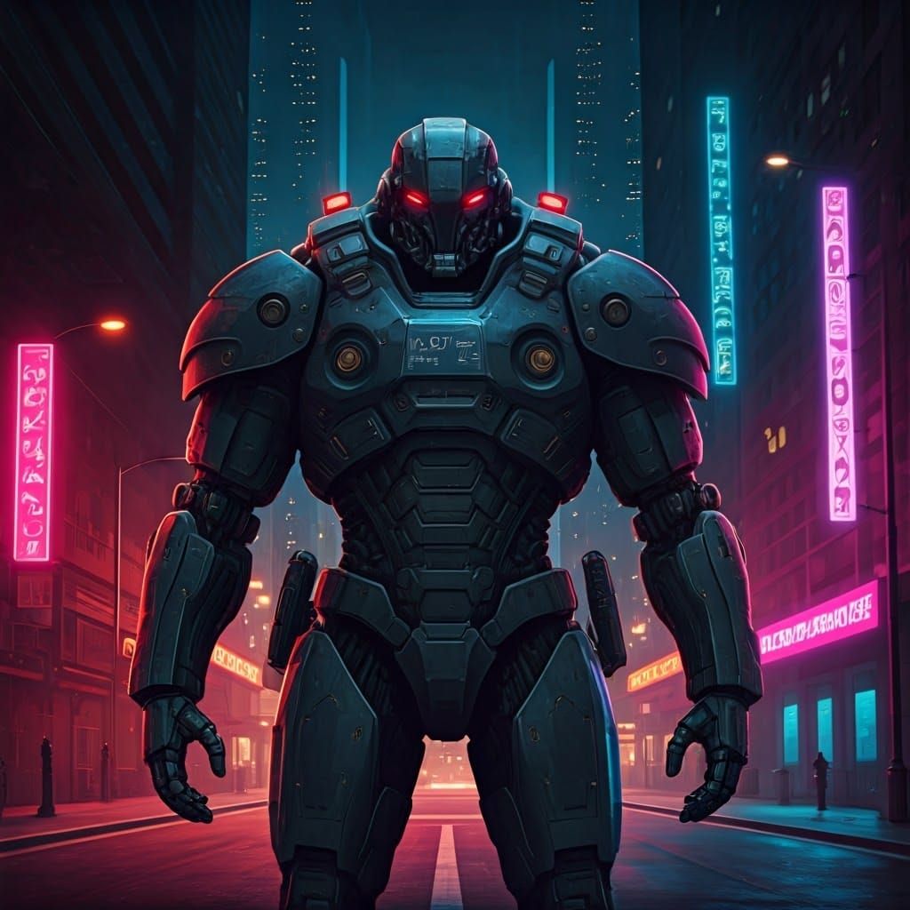 Armored Robot Policeman in Neon Dystopian City