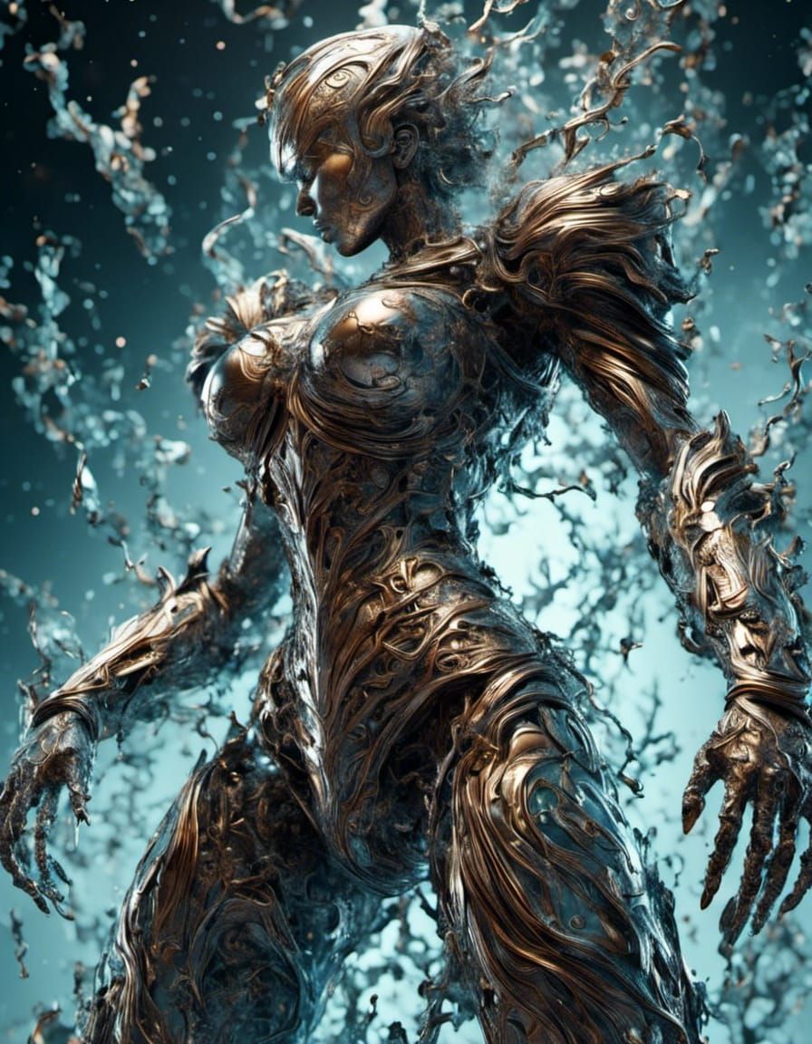 Beautiful Bronze and Silver Golem in Comic Book Art