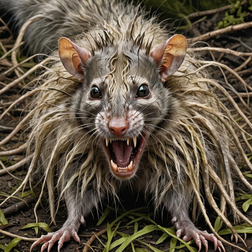 Hyperrealistic Emaciated Rat with Human-like Hair