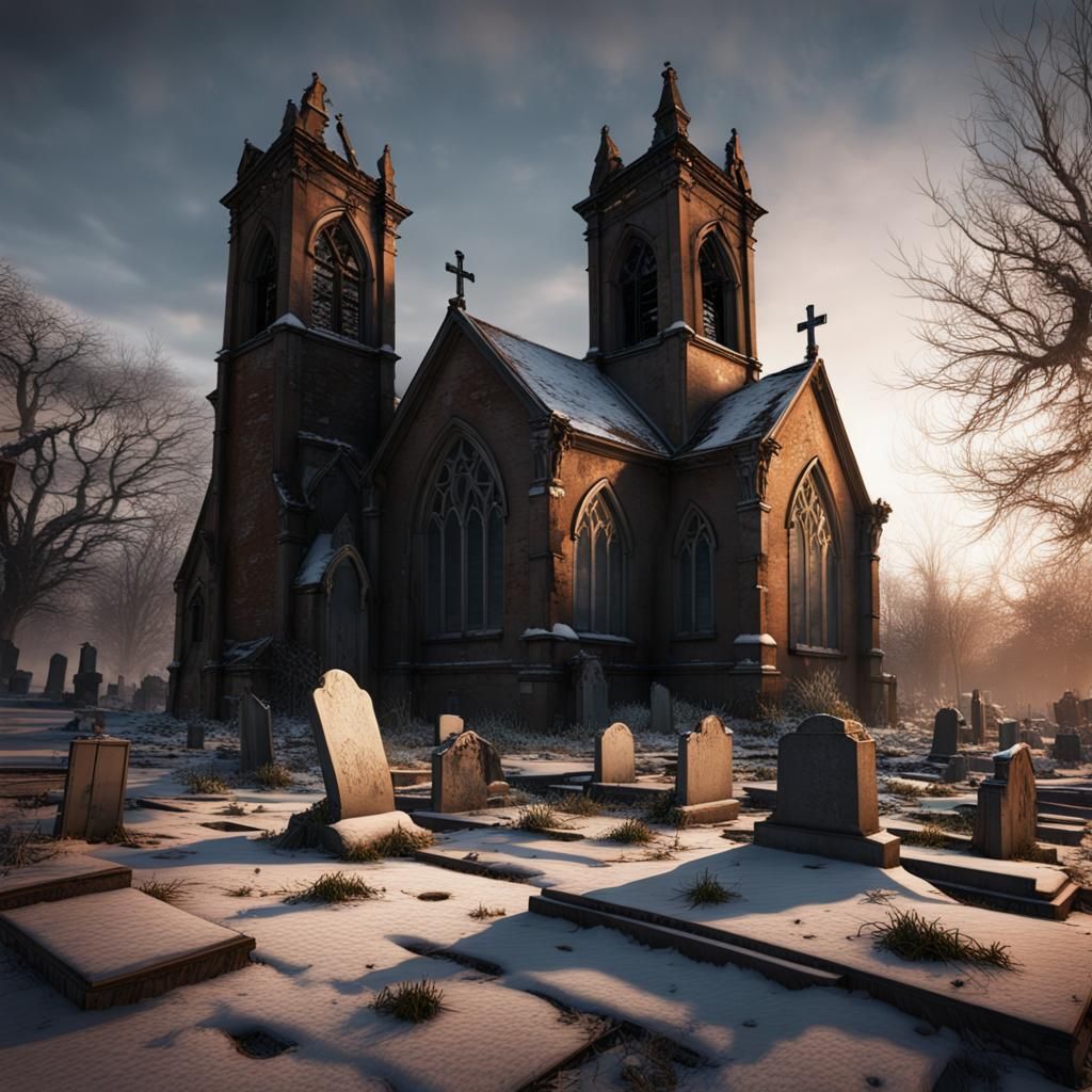 Abandoned Victorian Church and Graveyard in Winter