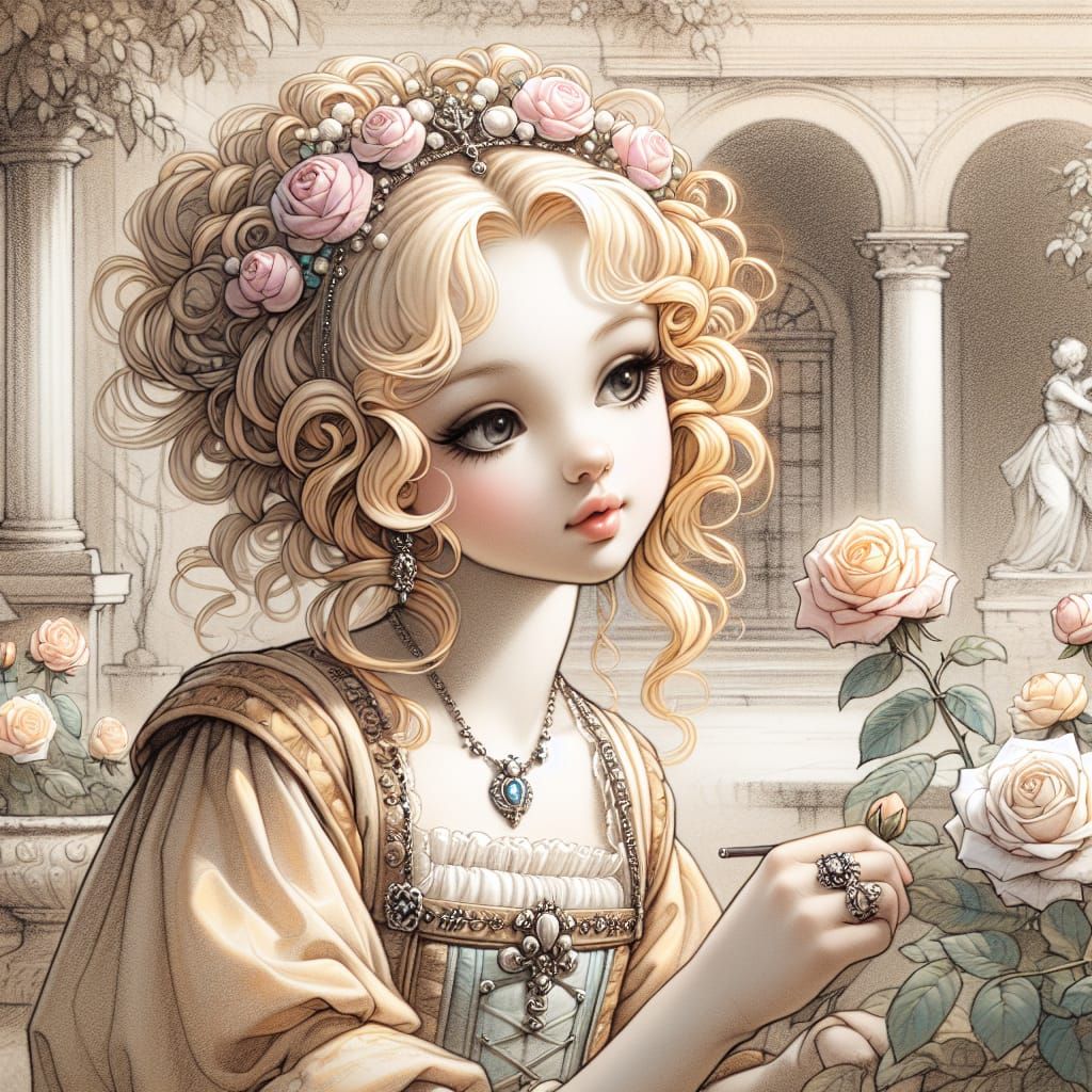 Italian Girl in Rococo Garden, Renaissance Art Nouveau Style