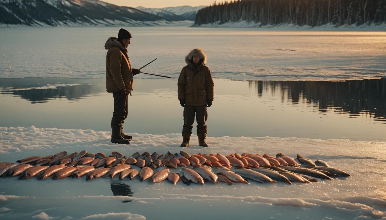Eskimo Fisherman at Arctic Lake at Sunset