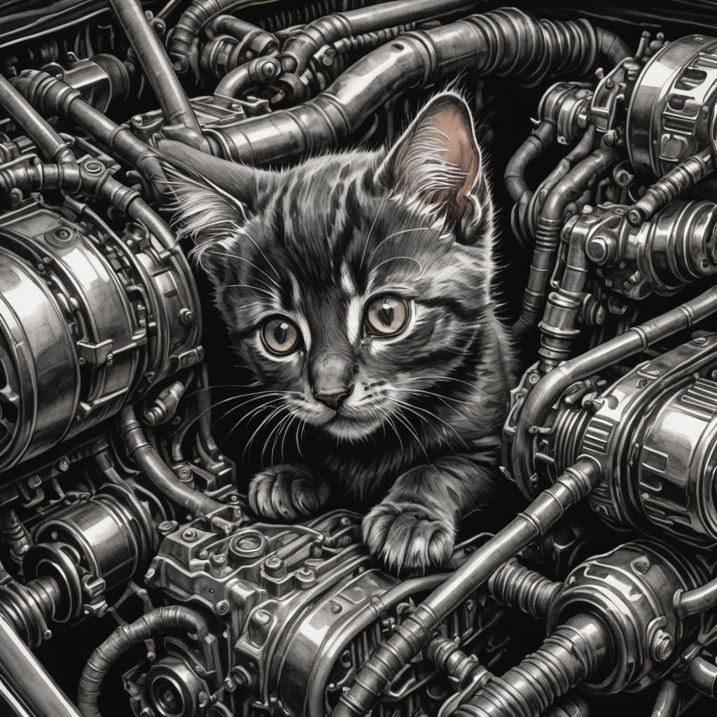 Kitten Rescue: Detailed Indian Ink Illustration