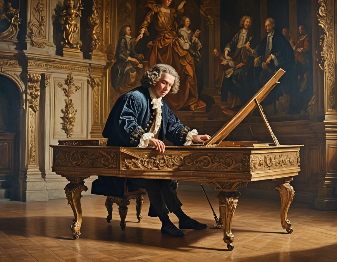 Baroque Musician in Concert Hall: Oil Painting