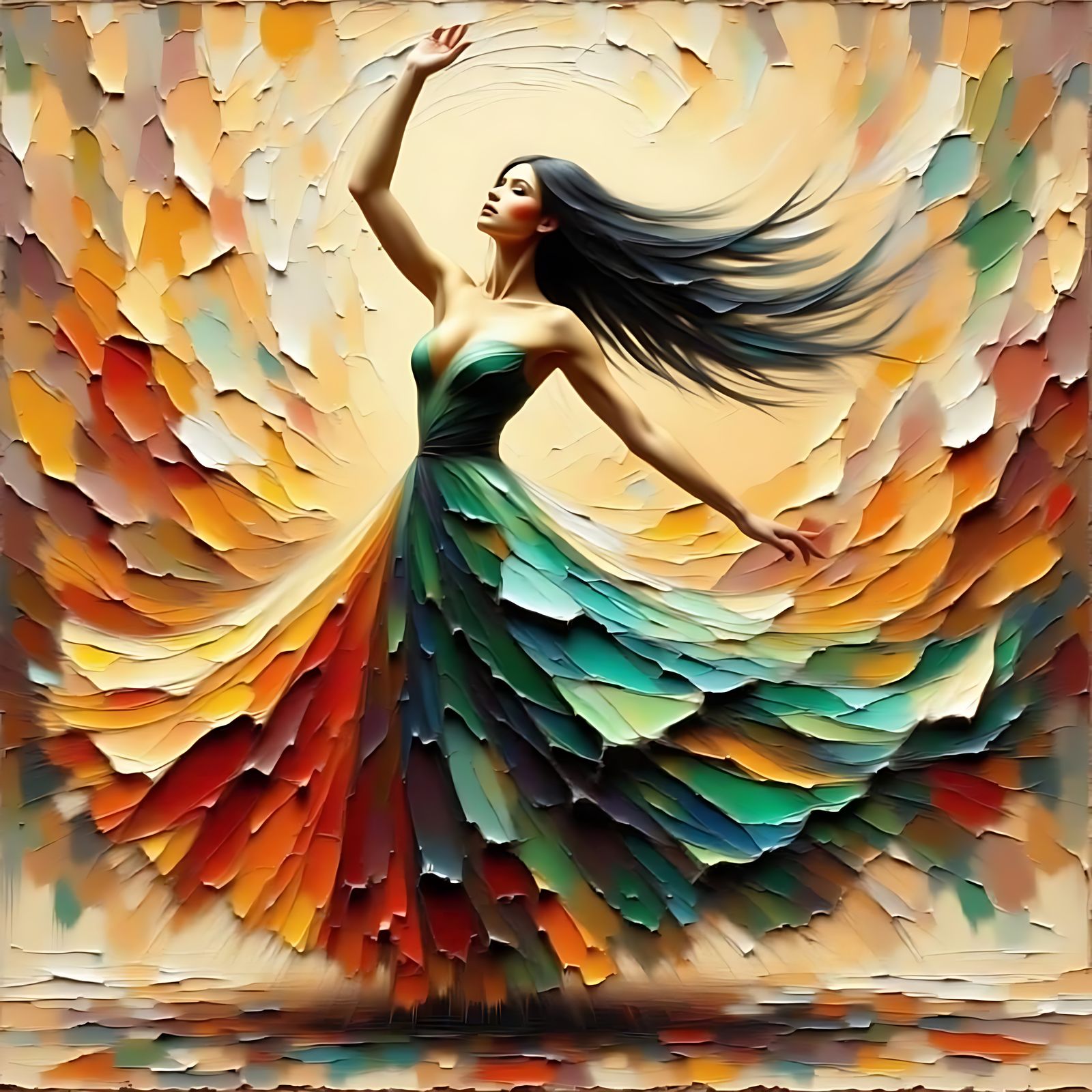 Female Dancer in Flowing Jewel Tones as Impasto Oil Painting