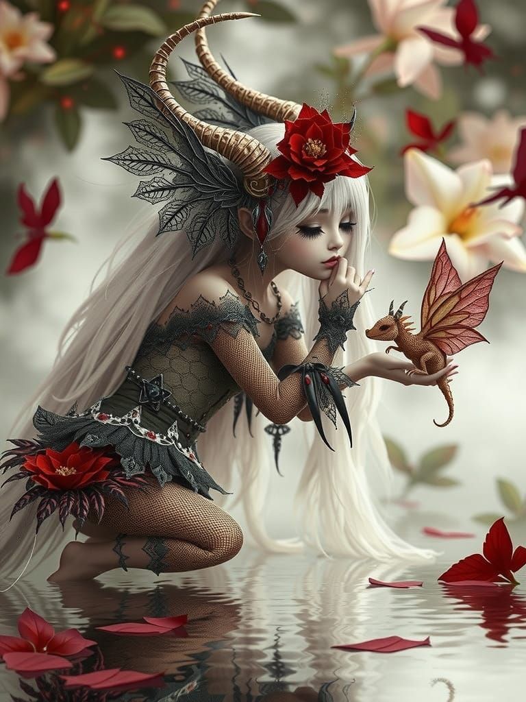 A ravishing female fairy, 3/4 profile, with long flowing light crimson platinum hair, pale crimson skin, sparkling brill...