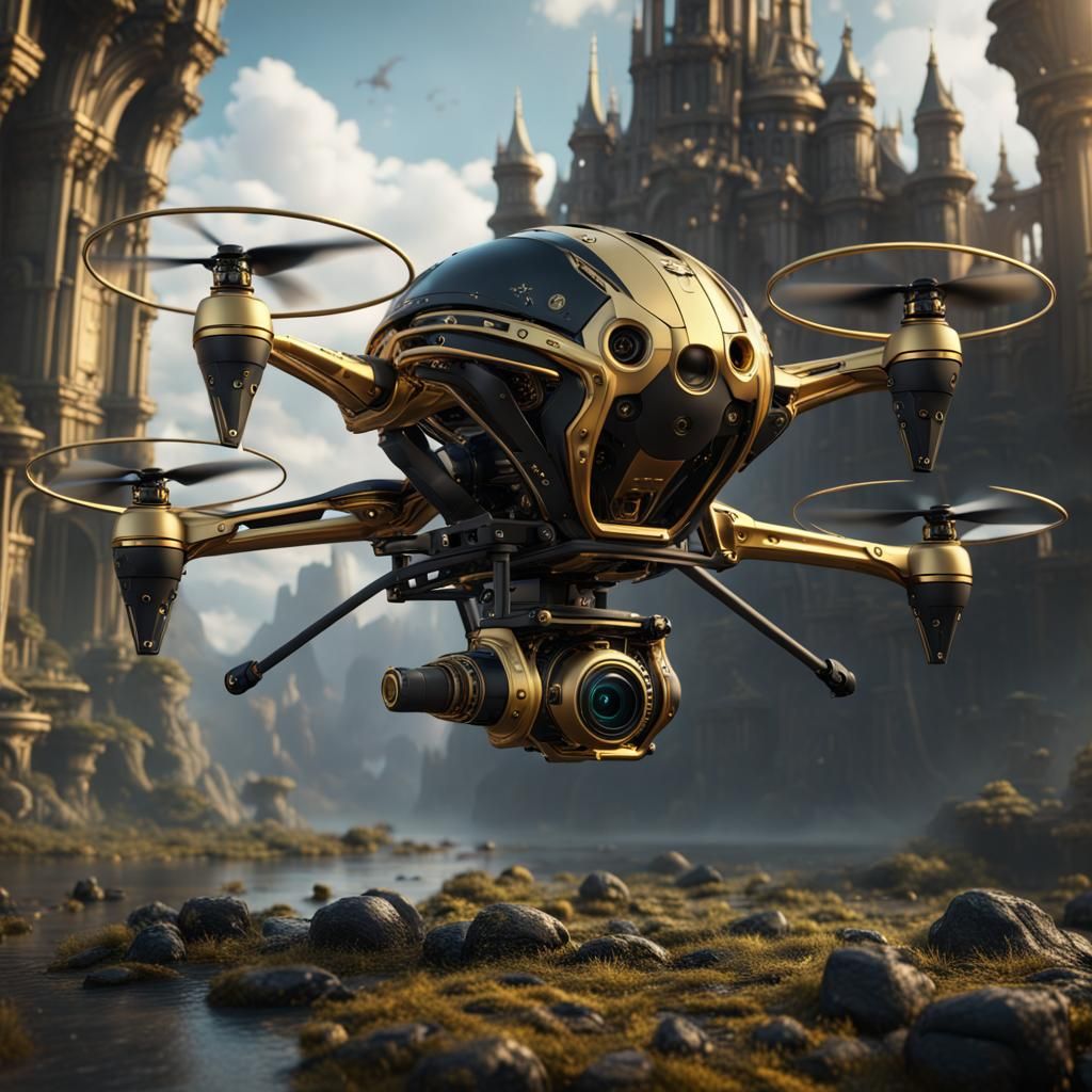 Black and Gold Drone in Detailed Matte Painting