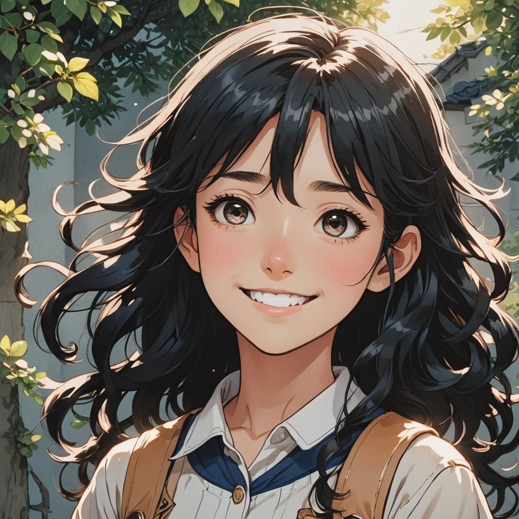Smiling Girl with Wavy Hair in Anime Style
