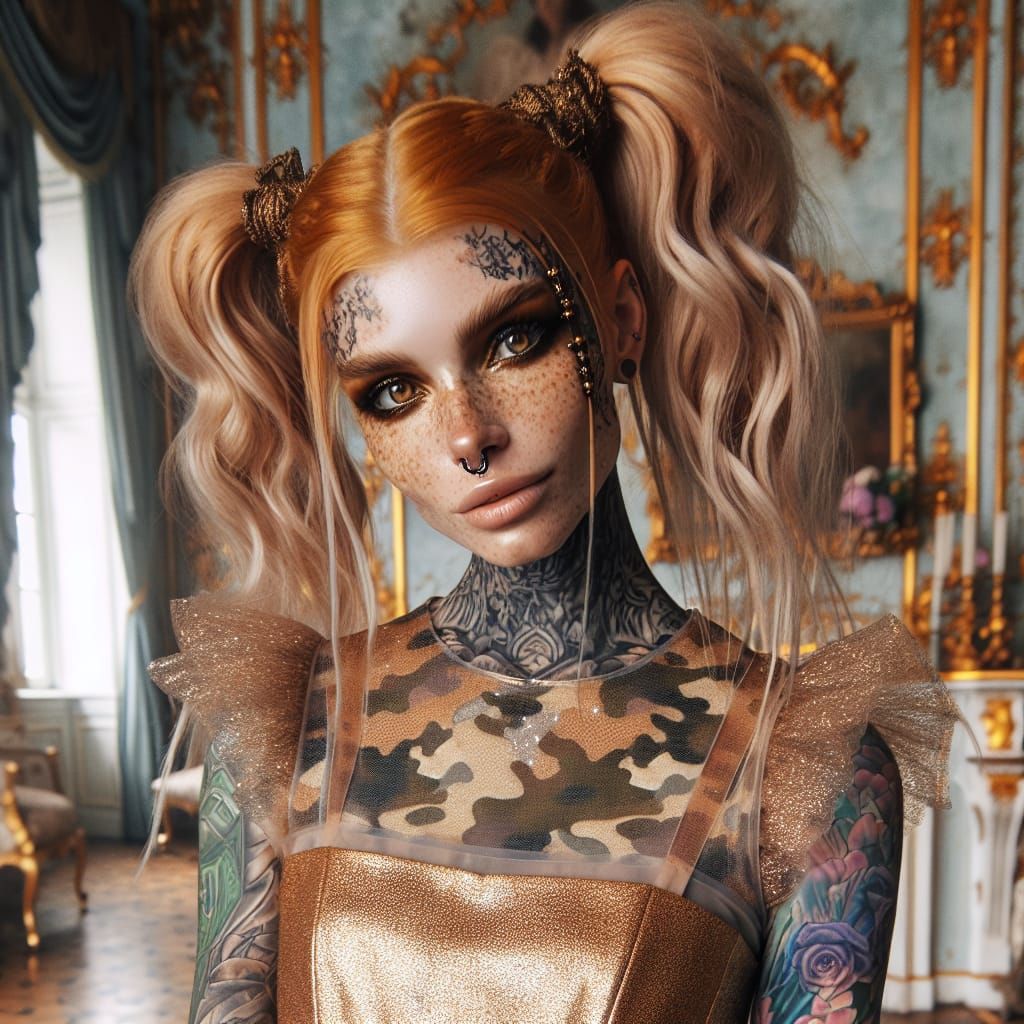 Gothic Woman with Gold Hair in Rococo Bedroom