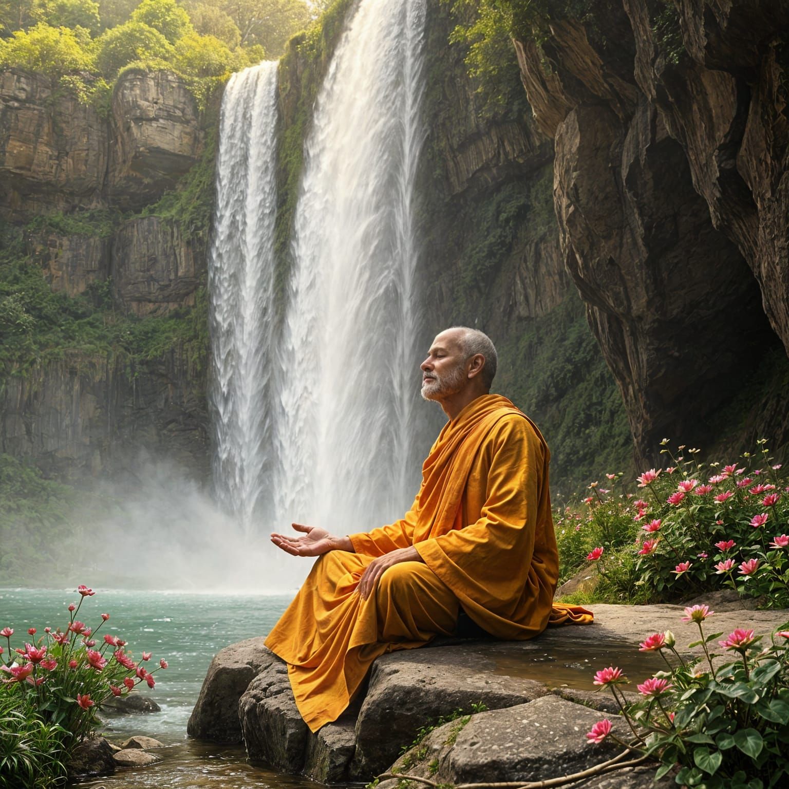 Guru Meditates by Waterfall in Surreal Landscape