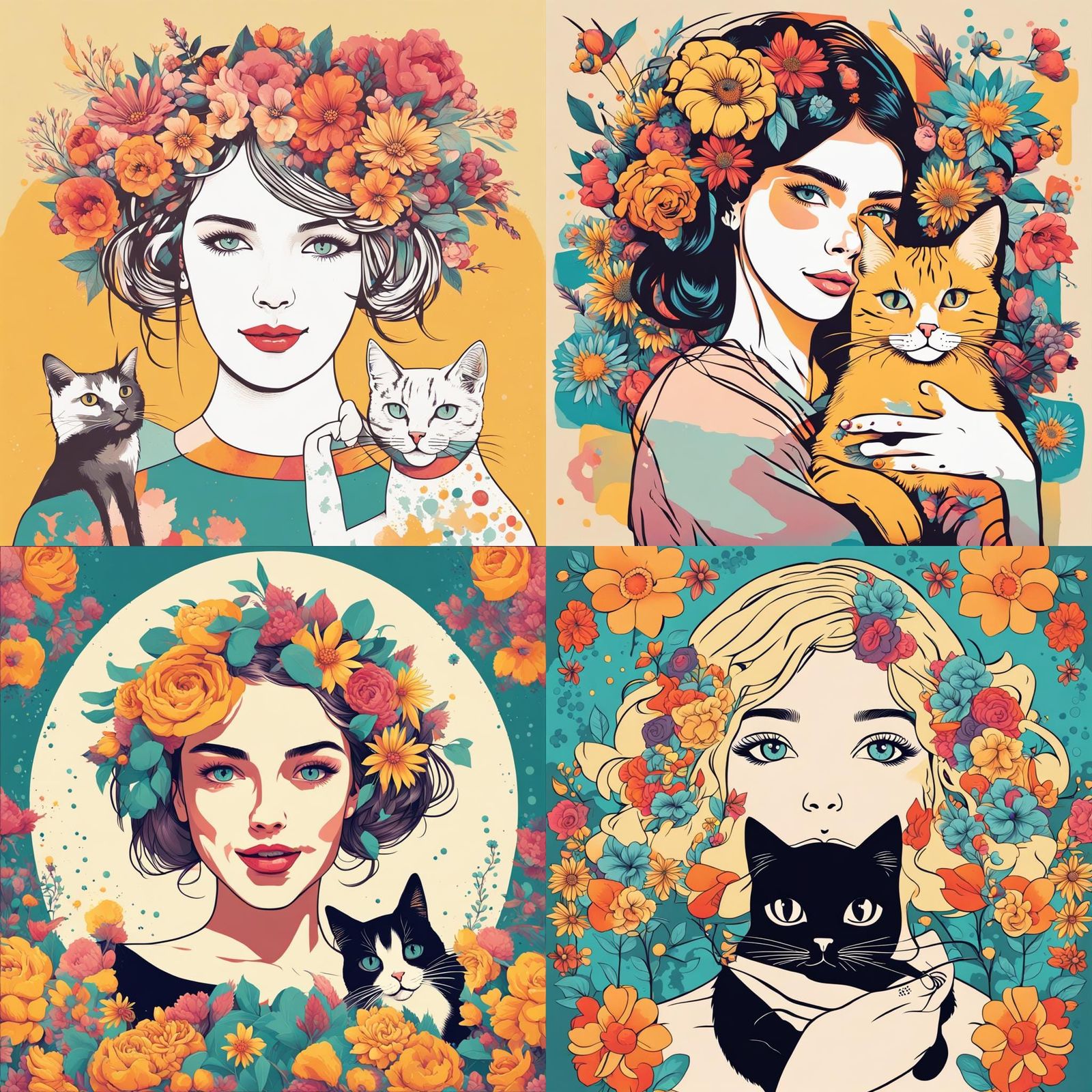 Girl with Cat Portrait in Geometric Bauhaus Style