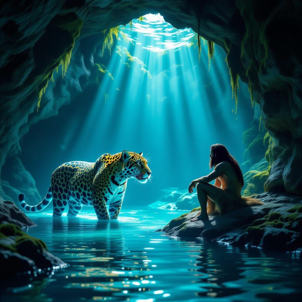 Bioluminescent Jaguar Emerges in Dreamlike Cave