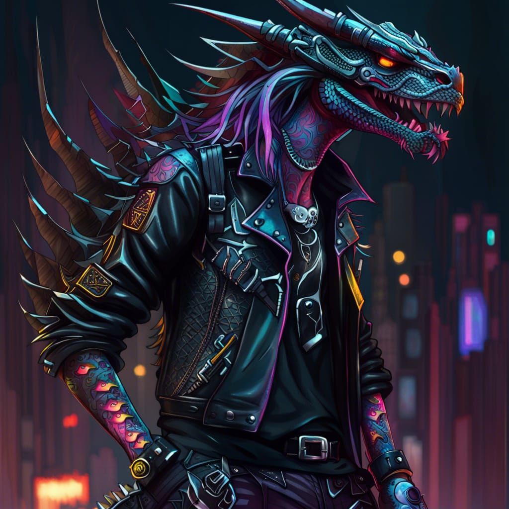 Cyberpunk Dragon Rocker with Technological Enhancements