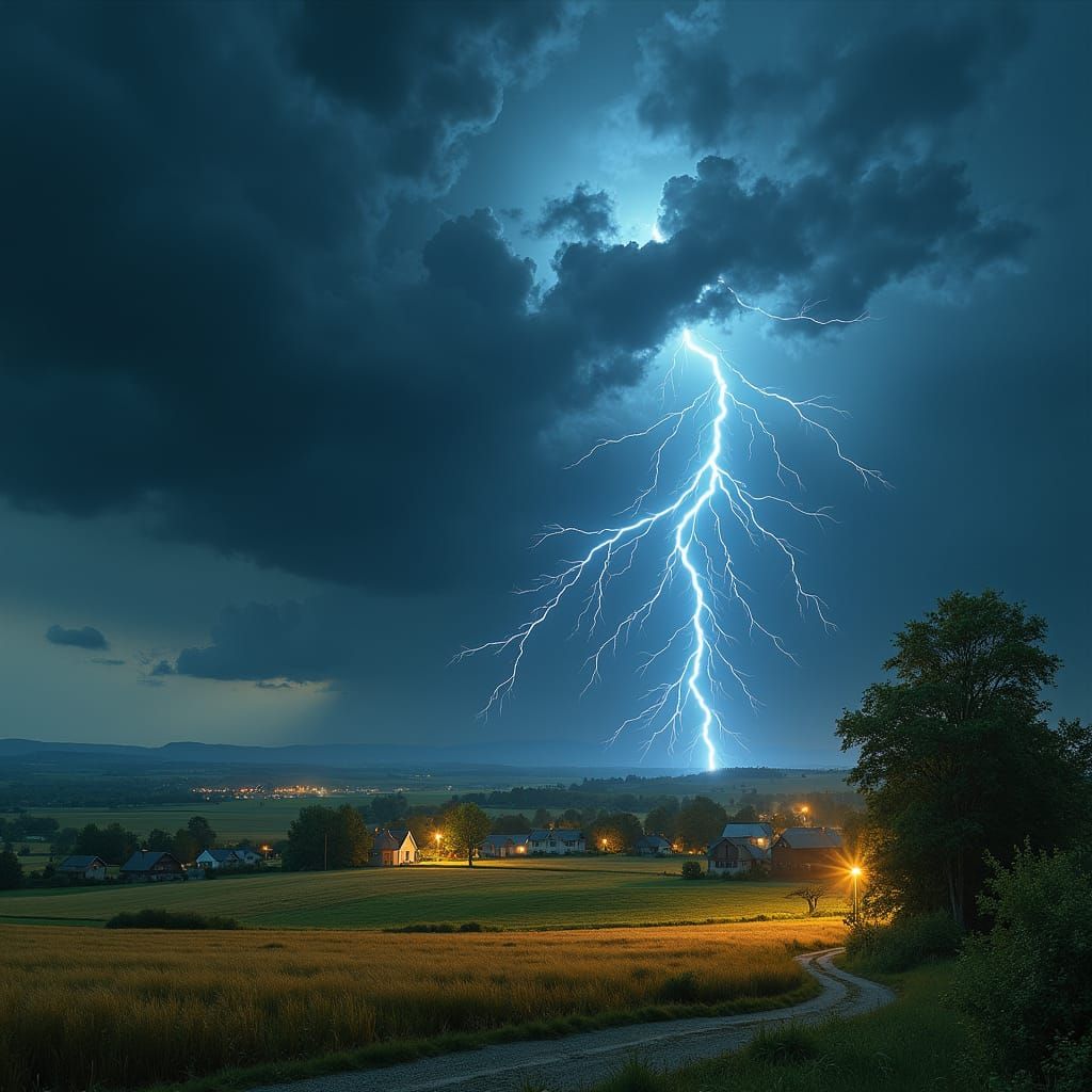 Countryside Village Engulfed by Summer Thunderstorm