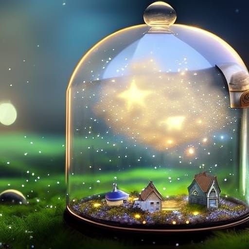 Starry Night Village Inside Glass Cloche, Dreamy Digital Art