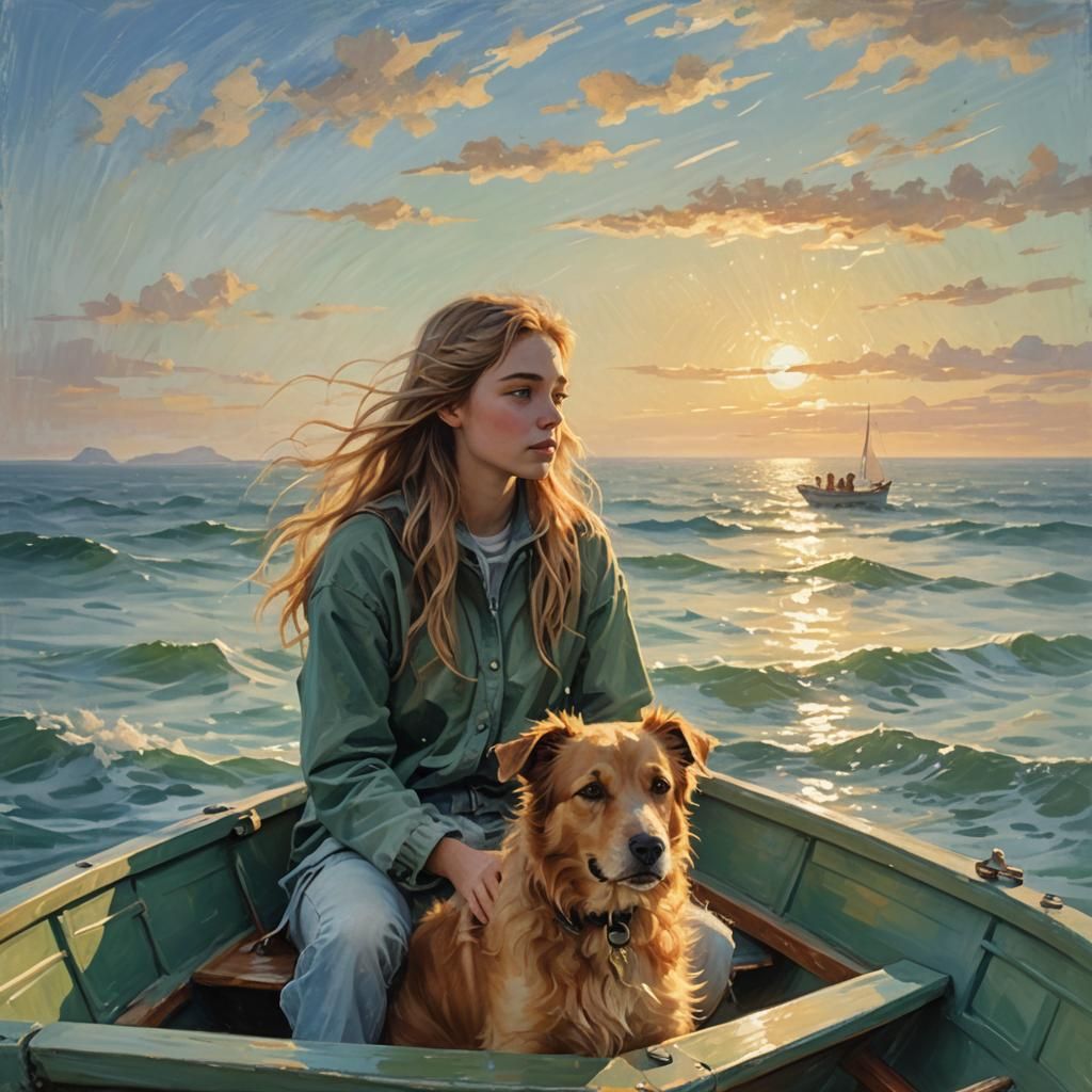 Romantic Ocean Scene with Girl and Dog