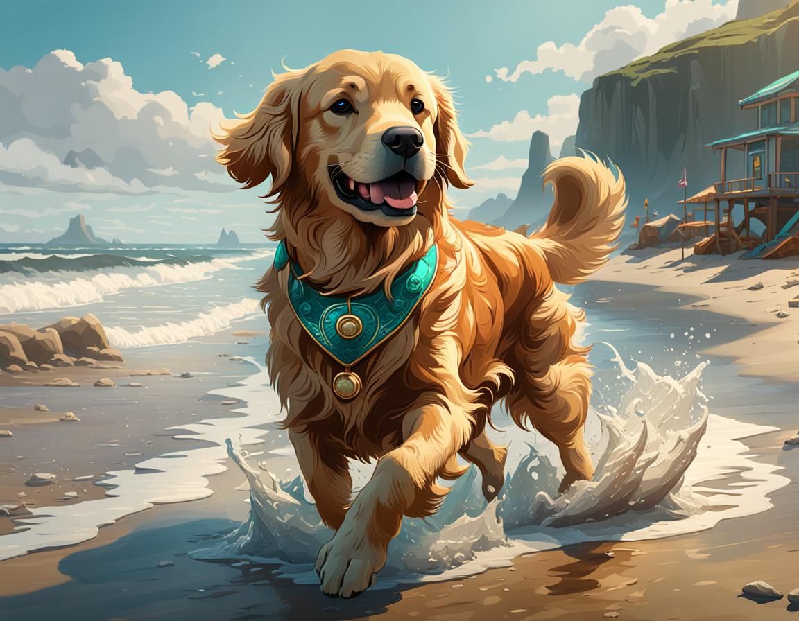 Golden Retriever Beach Fun in Hyperdetailed Style