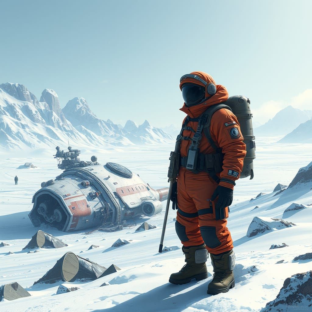 Icy Planet Spaceship Wreckage Survey Expedition