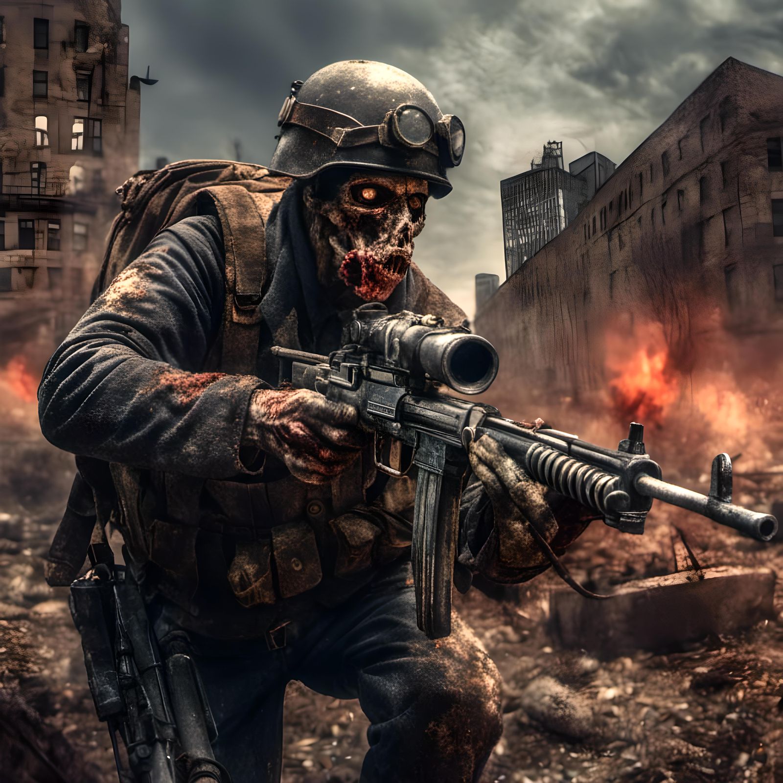 WWII Zombie Machine Gunner in Detailed Matte Painting