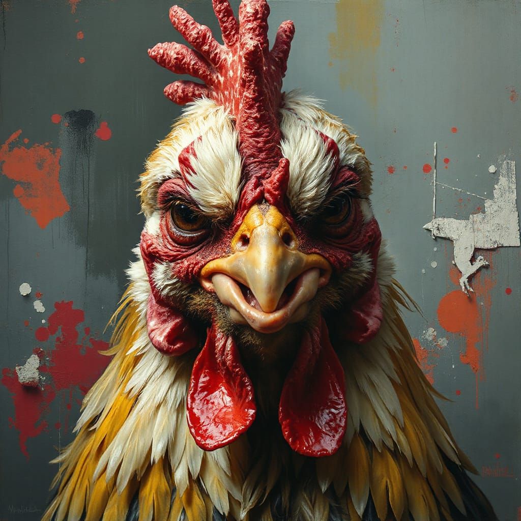 Grumpy Chicken Portrait in Surreal Digital Art Style