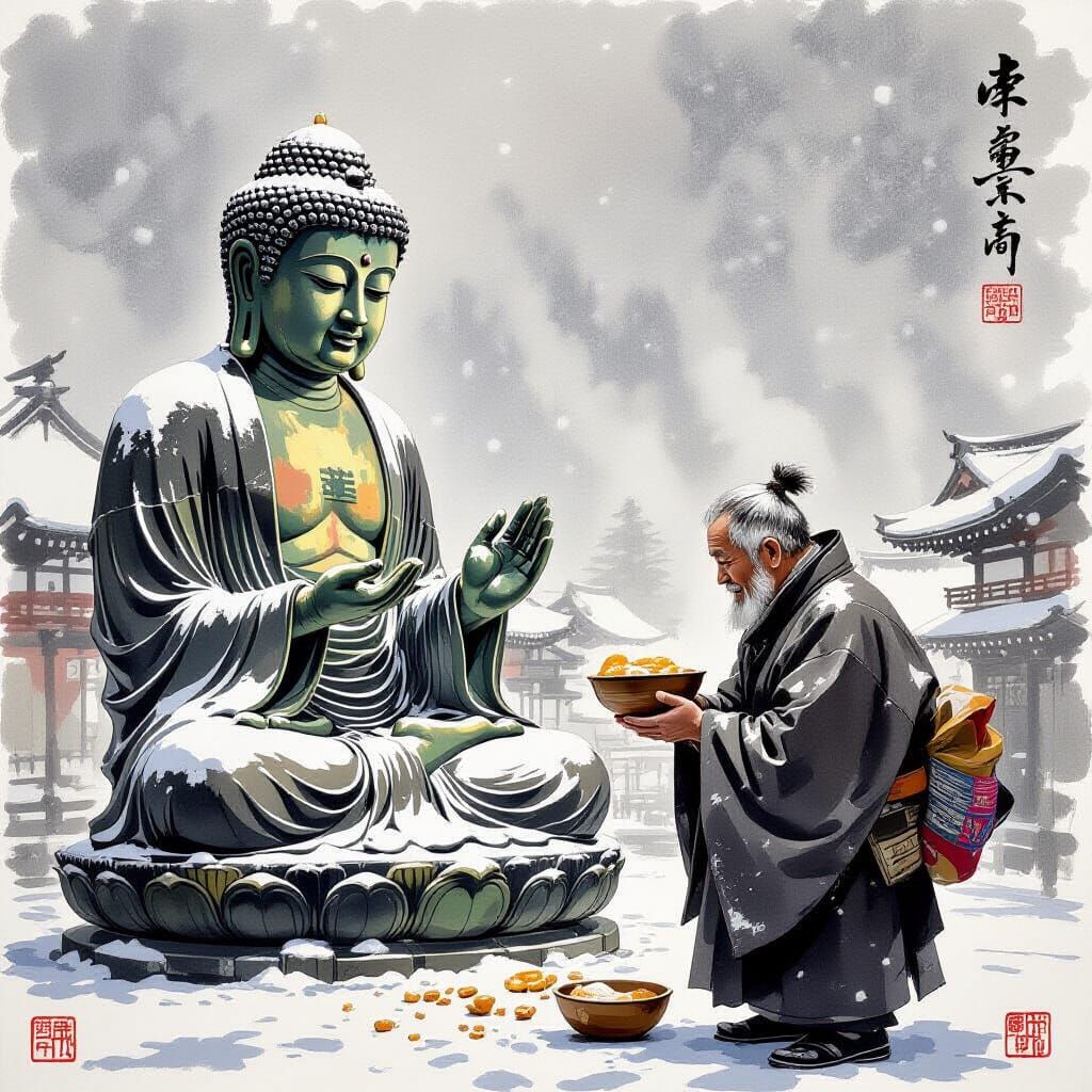 Compassionate Buddha with Beggar: Japanese Ink Art