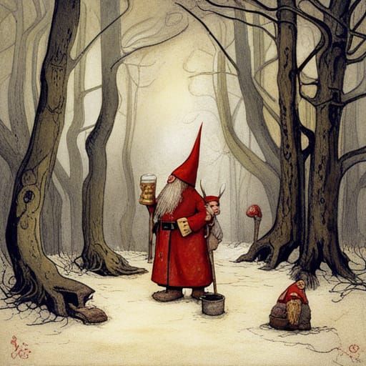 Gnomes and Witch in Forest, John Bauer Style