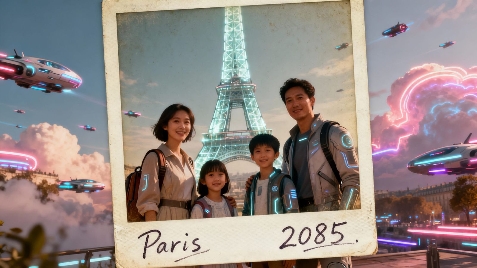Futuristic Family at Glowing Eiffel Tower in Retro-Futuristi...