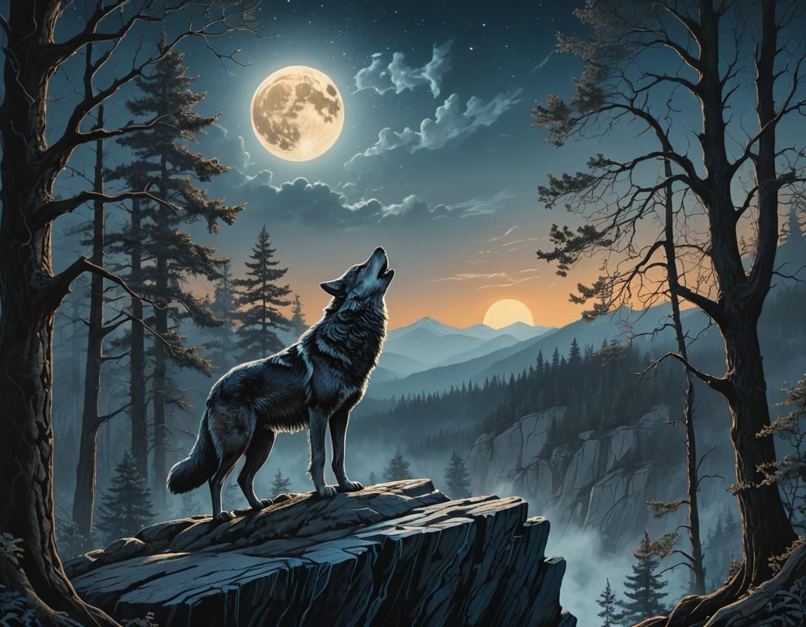Grey Wolf Howling at Moon: Detailed Matte Painting